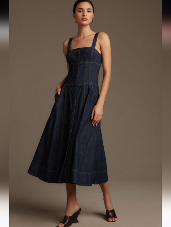 Anthropologie Dresses & Skirts - Anthropologie Square Neck Buttondown Corset Dress In Indigo